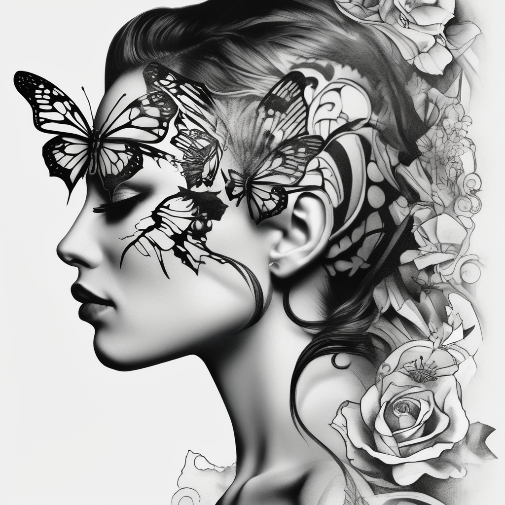 a butterfly half side with womans face half sleeve tattoos for men, diseño de tatuaje Blanco y negro generado con IA